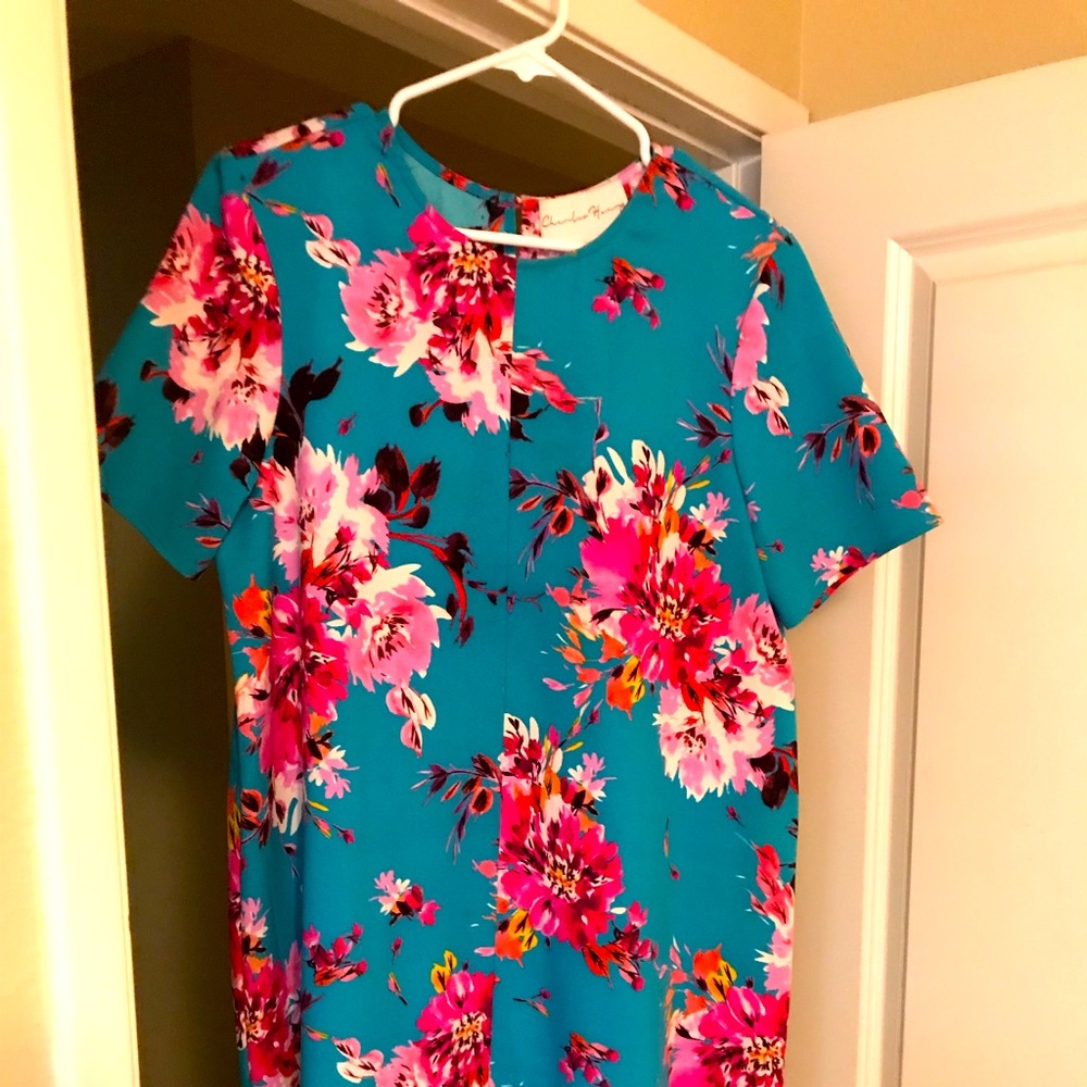 Charles Henry teal/pink floral shift dress